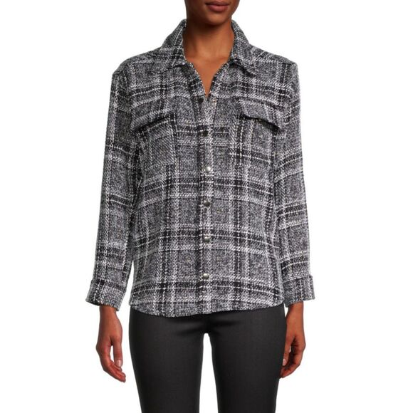 Lea & Viola Plaid Tweed Shirt M Essential Snap Buttons Black White Minimalist - Picture 1 of 12